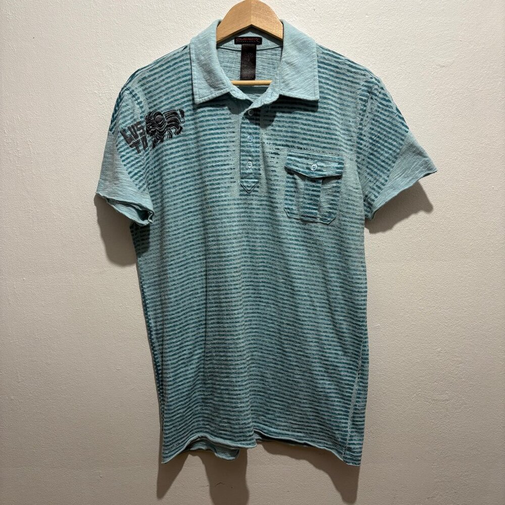 Vintage Custo Barcelona short sleeve polo neck in aqua/teal print & embroidery
